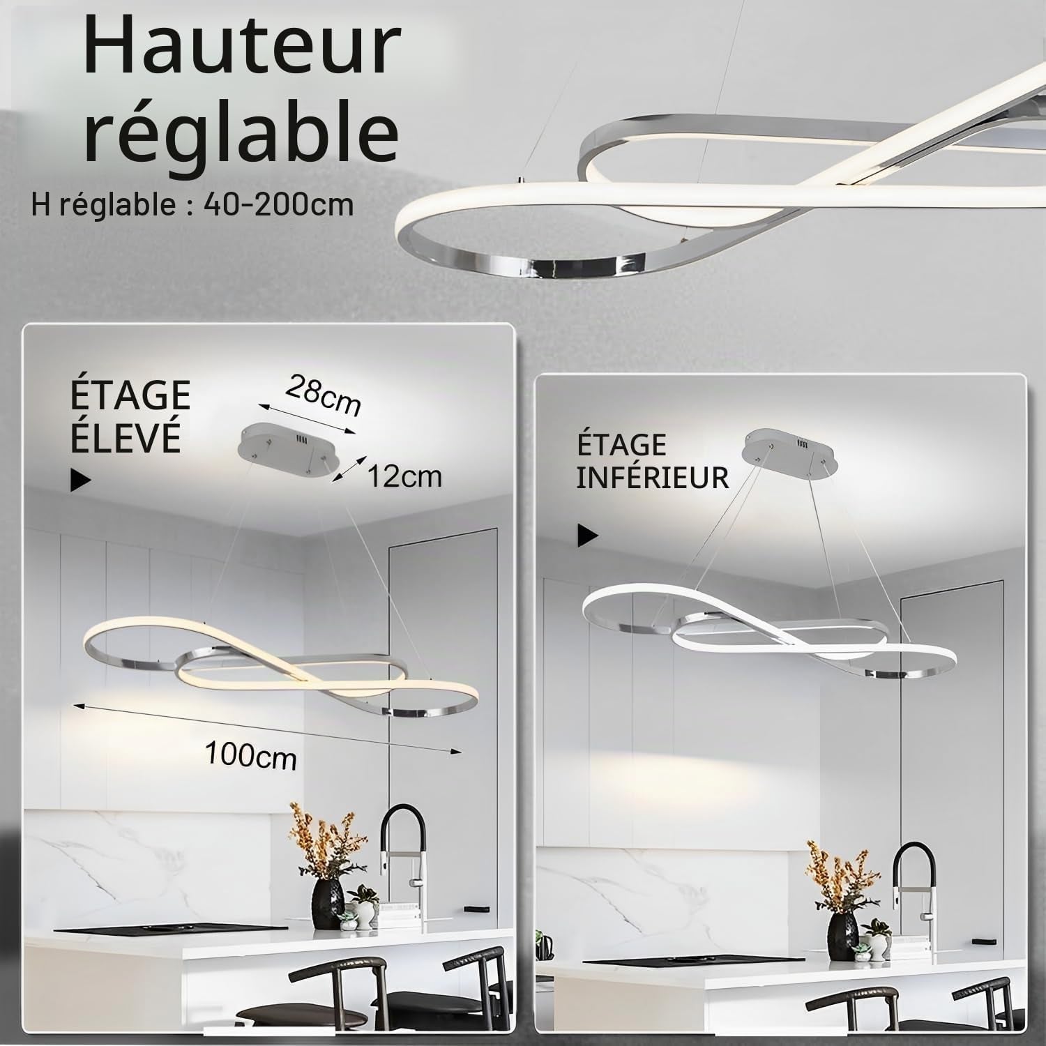 Suspension LED Table À Manger Lampe Suspendue À Intensité Variable Avec Télécommande À Suspension Design Linéaire Lampe Lustre Réglable En Hauteur Lampe De Cuisine (L100Cm/57W) Chrome