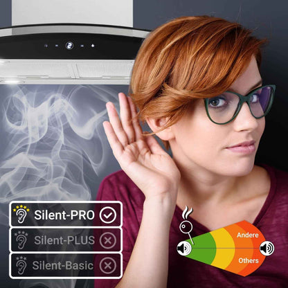Hotte Aspirante Cuisine 90 Cm | Hotte Îlot | Acier Inoxydable | Verre Noir | Wifi | Arrête Automatiquement | Opération Tactile | SINUS-INSEL-HC