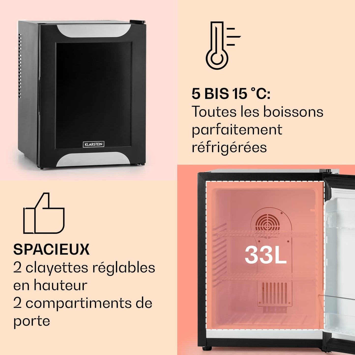 Mini Frigo De Chambre De 33L Pour Snacks Et Boissons, Top Silencieux, Petit Bar, Réfrigérateur Camping, Cosmetique, Avec Étagères Réglables, 5-15°C