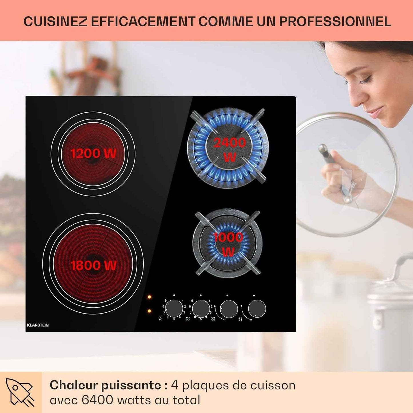 Plaque De Cuisson Gaz Et Vitrocéramique 4 Feux, Table De Cuisson À Gaz, Plaque Et Vitro De 6.4Kw En Acier Inoxydable, De Vitroceramique Encastrable, Mixte