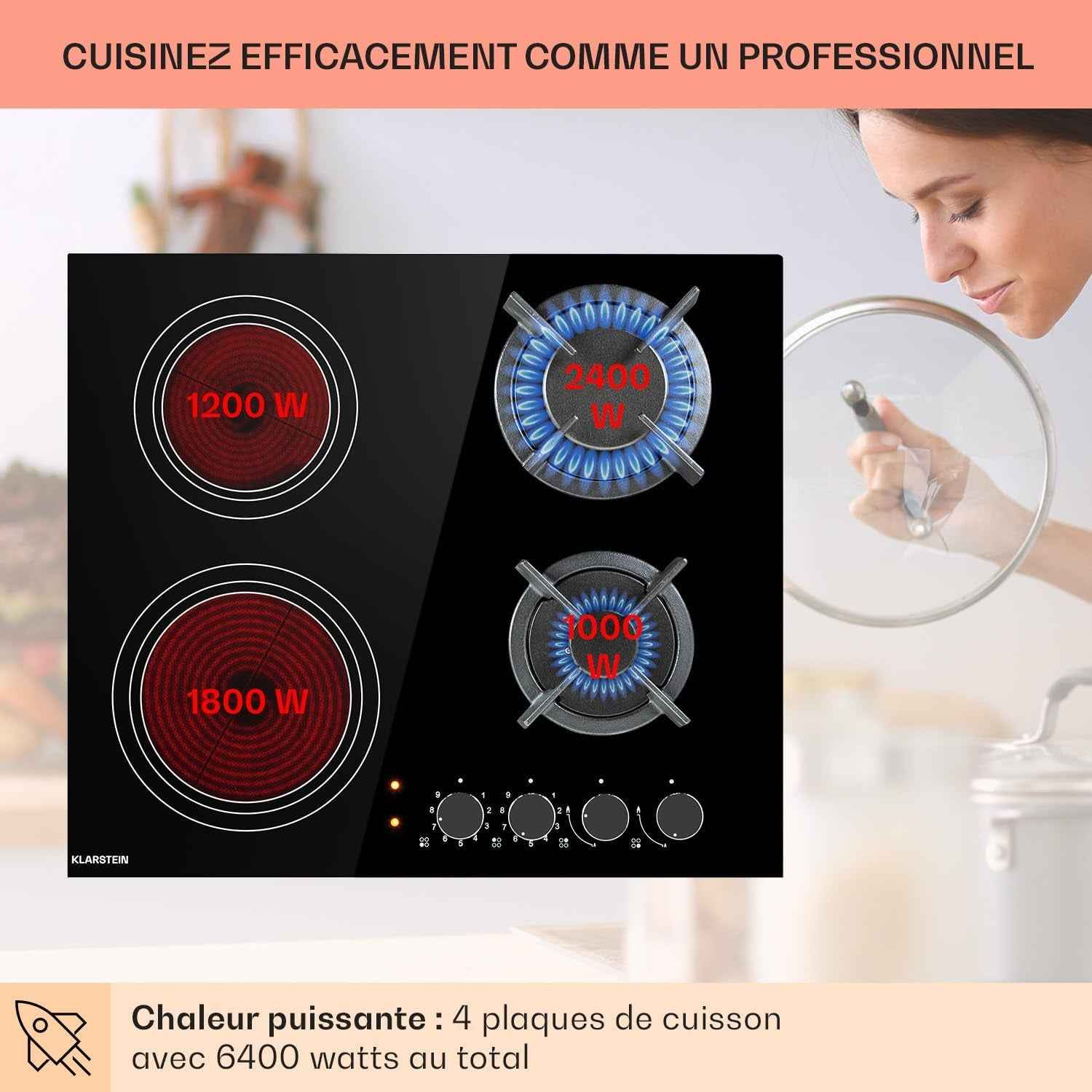 Plaque De Cuisson Gaz Et Vitrocéramique 4 Feux, Table De Cuisson À Gaz, Plaque Et Vitro De 6.4Kw En Acier Inoxydable, De Vitroceramique Encastrable, Mixte