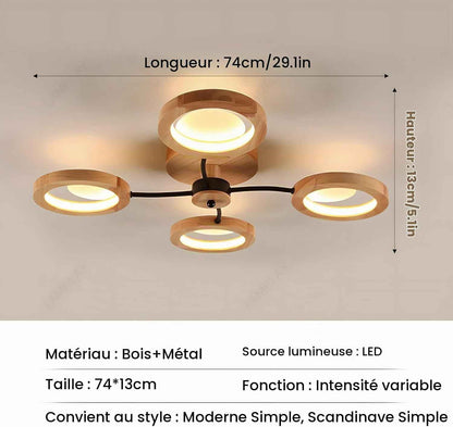 Plafonnier LED Moderne, Lustre Ø74Cm Dimmable Avec Télécommande 3000K-6000K, Bras Noir + 4 Anneaux En Bois, Abat-Jour Cercle En Métal, Salon Chambre Salle À Manger Bureau
