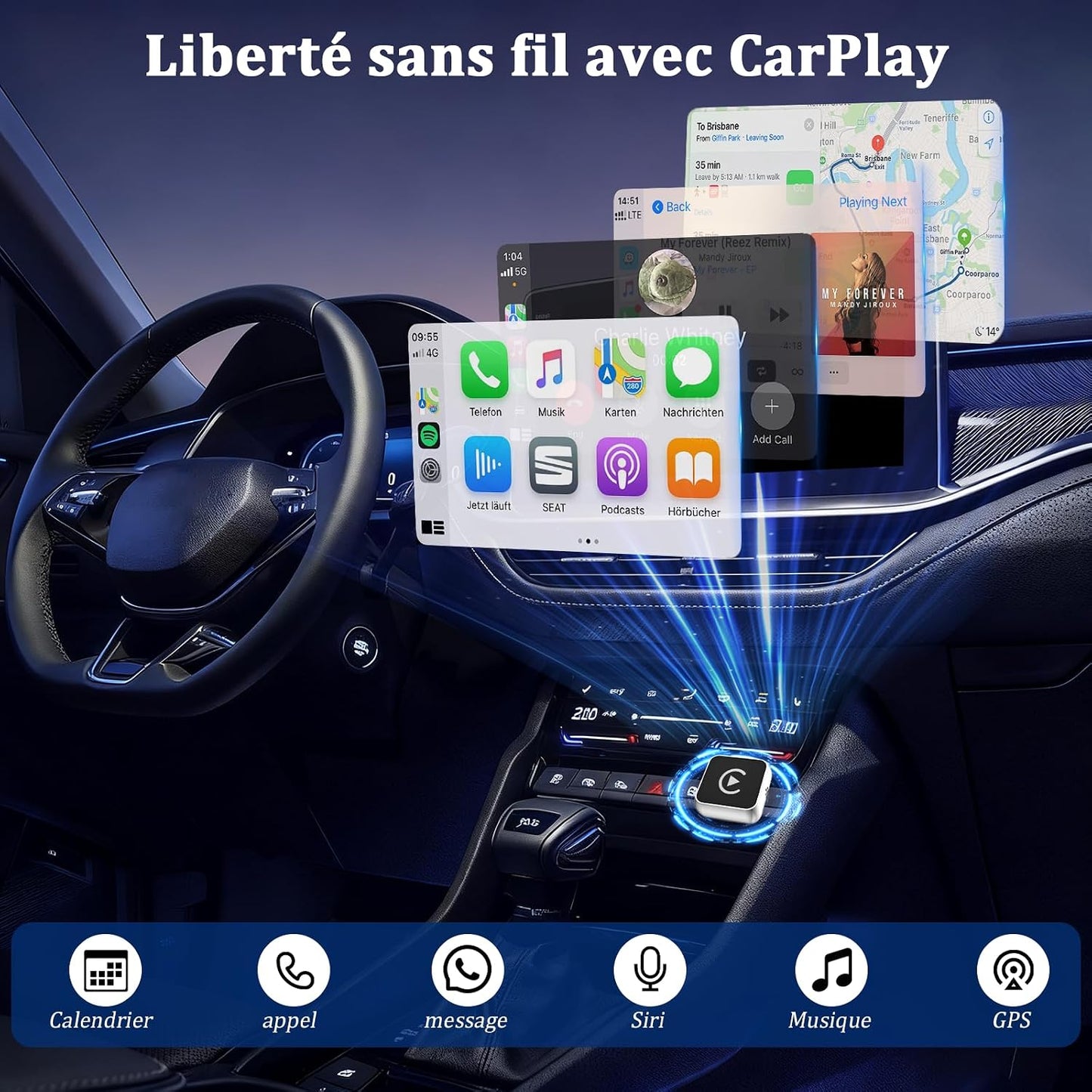 Carplay Sans Fil 2 En 1 Pour Apple Carplay/Android Auto Adaptateur | Mini Sans Fil Pour Iphone Ios 10+/Android 11+ Et plus De 2016 Voitures, Typ-C/Usb, Car Play Voiture (‌Gris Foncé‌) 1 Pièce
