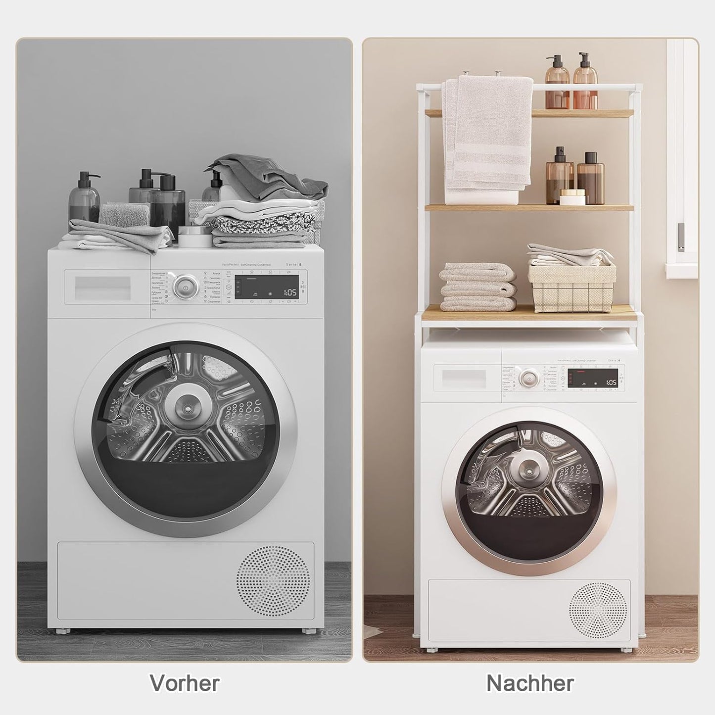 Meuble Machine À Laver, Meuble Dessus WC, À 3 Niveaux, Avec Barre De Suspension, Chêne Clair + Blanc, 67X40X162Cm | 3 Niveaux ; Barre De Suspension ; Autoportante ; Salle De Bain Ou Buanderie