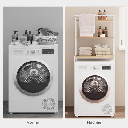 Meuble Machine À Laver, Meuble Dessus WC, À 3 Niveaux, Avec Barre De Suspension, Chêne Clair + Blanc, 67X40X162Cm | 3 Niveaux ; Barre De Suspension ; Autoportante ; Salle De Bain Ou Buanderie