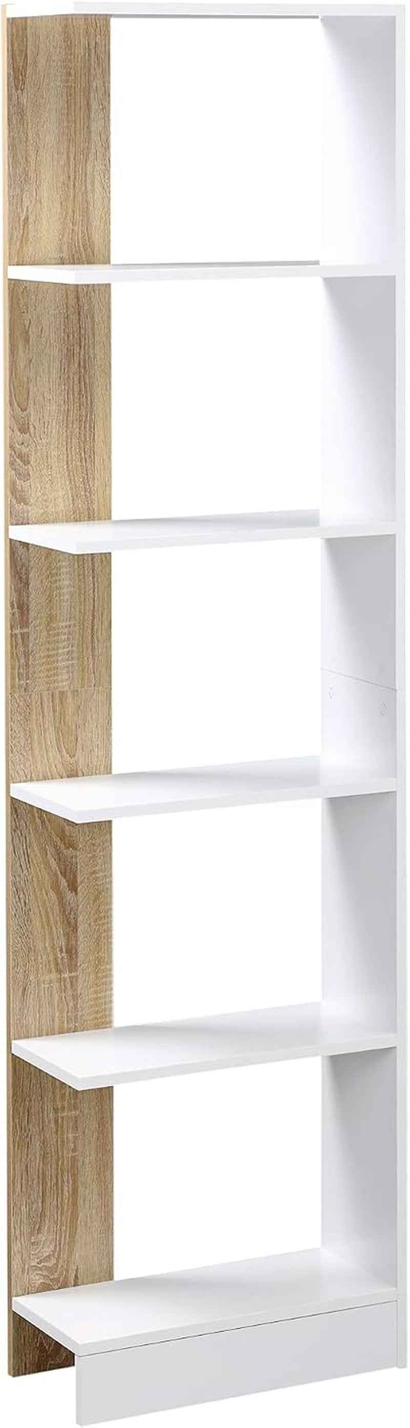 Bibliothèque Étagère De Rangement 45 X 21 X 170 Cm Blanc Et Chêne | 5 Compartiments Ouverts, Design Simple Moderne, Idéale Pour Salon Chambre Bureau