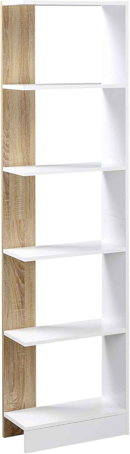 Bibliothèque Étagère De Rangement 45 X 21 X 170 Cm Blanc Et Chêne | 5 Compartiments Ouverts, Design Simple Moderne, Idéale Pour Salon Chambre Bureau
