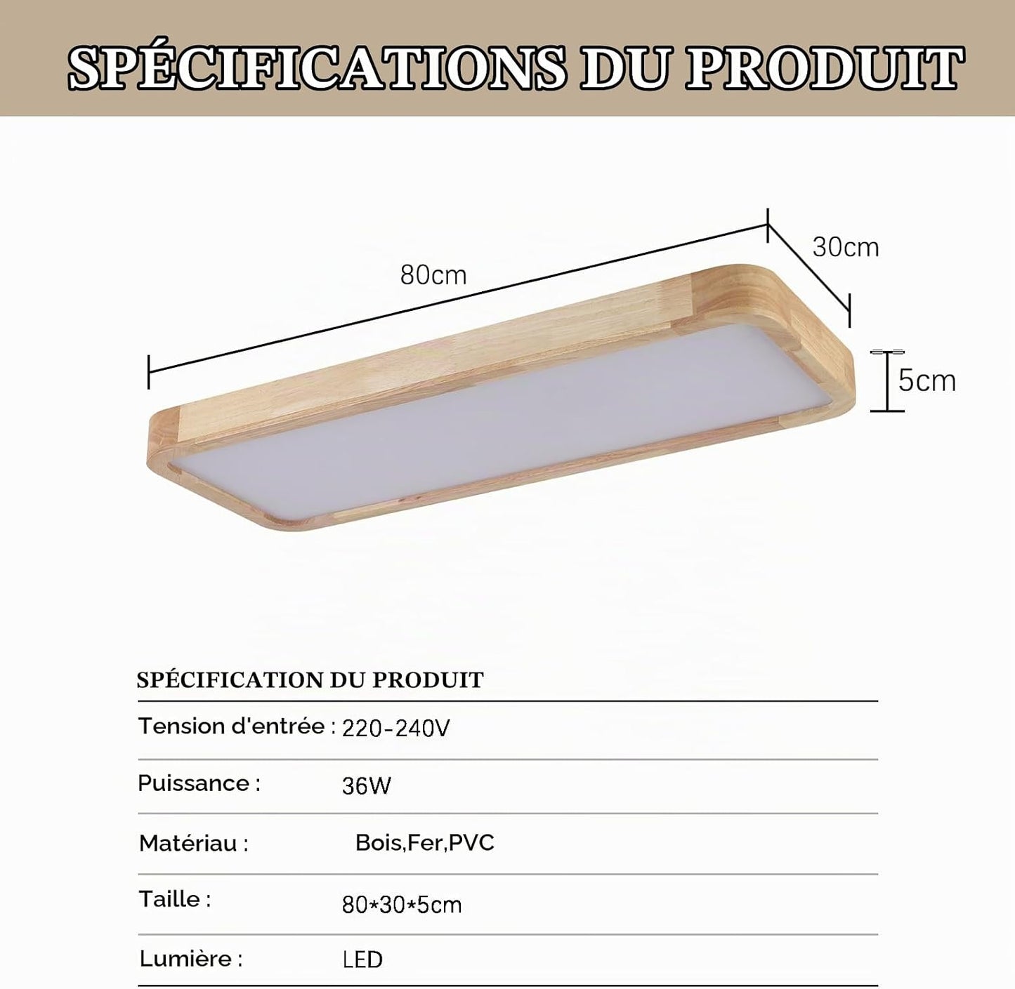 Bois Plafonnier Led,Chambre Luminaires Intérieur 80 * 30Cm Carré Cuisine Lampe 36W Contrôle Dimmable Grand Luminaire Plafonnier Pour Salon Atelier