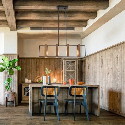 Éclairage D'Îlot De Cuisine, Lustre Moderne Noir Pour Salle À Manger Et Ferme, Lampes De Table De Billard, Finition Bois Et Métal Noir Mat (4 Têtes, Bois)