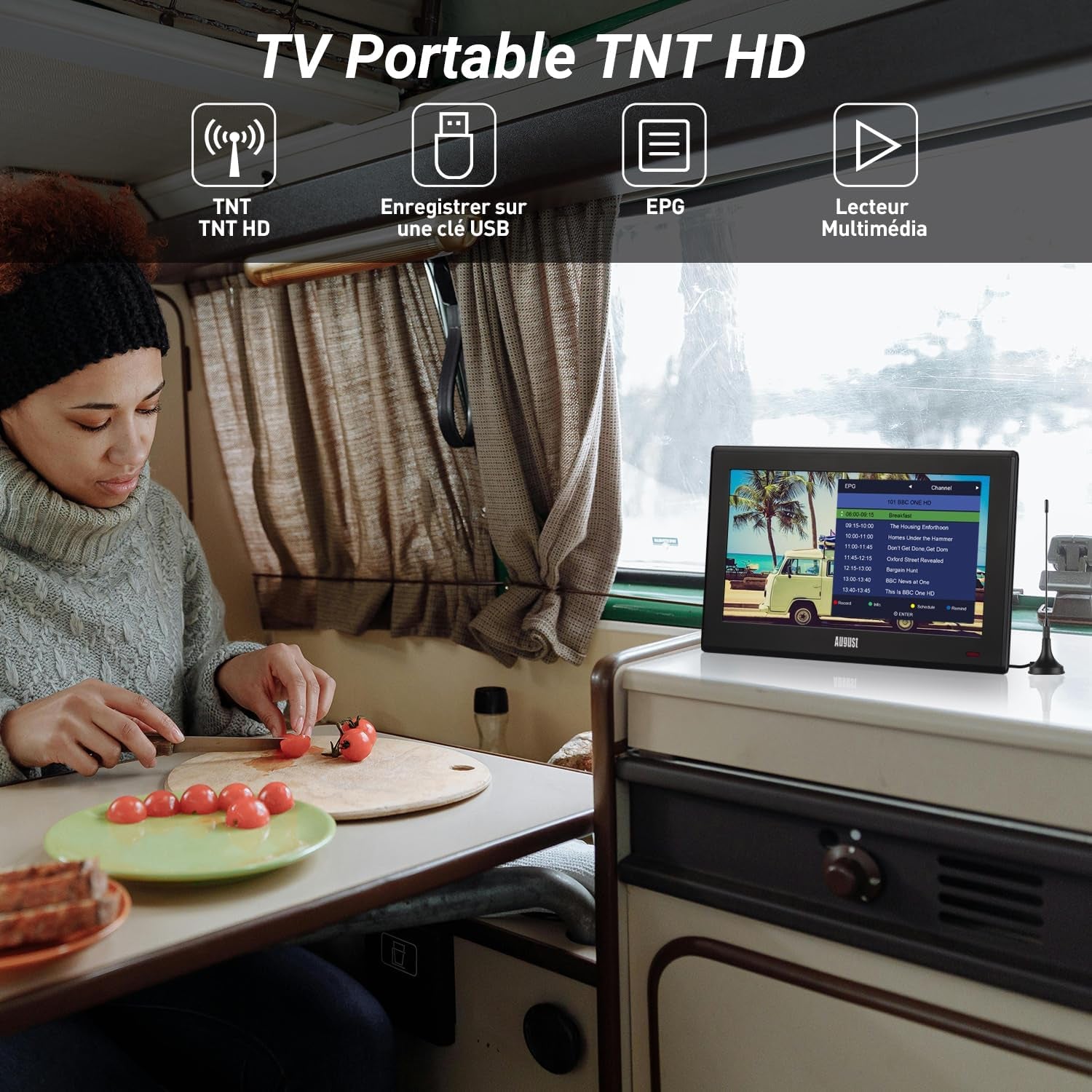 DA100D TV Portable TNT HD 10,1" Avec Enregistreur&Lecteur Multimédia | Enregistreur PVR Avec Timeshift Contrôle Du Direct, Entrées HDMI&AV, Sur Secteur/Piles Rechargeables AA/12V Camping-Car