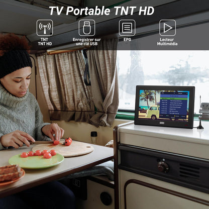 DA100D TV Portable TNT HD 10,1" Avec Enregistreur&Lecteur Multimédia | Enregistreur PVR Avec Timeshift Contrôle Du Direct, Entrées HDMI&AV, Sur Secteur/Piles Rechargeables AA/12V Camping-Car