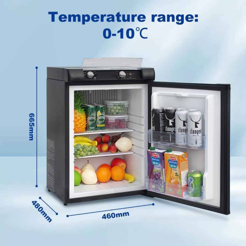 Frigo Trimixte 60L, 12V/220V/Gaz, Frigo Camping Gaz, Mini Frigo Silencieux Pour Camping-Car, Caravane, Camion Et Fourgon, Réfrigérateur Portable Noir
