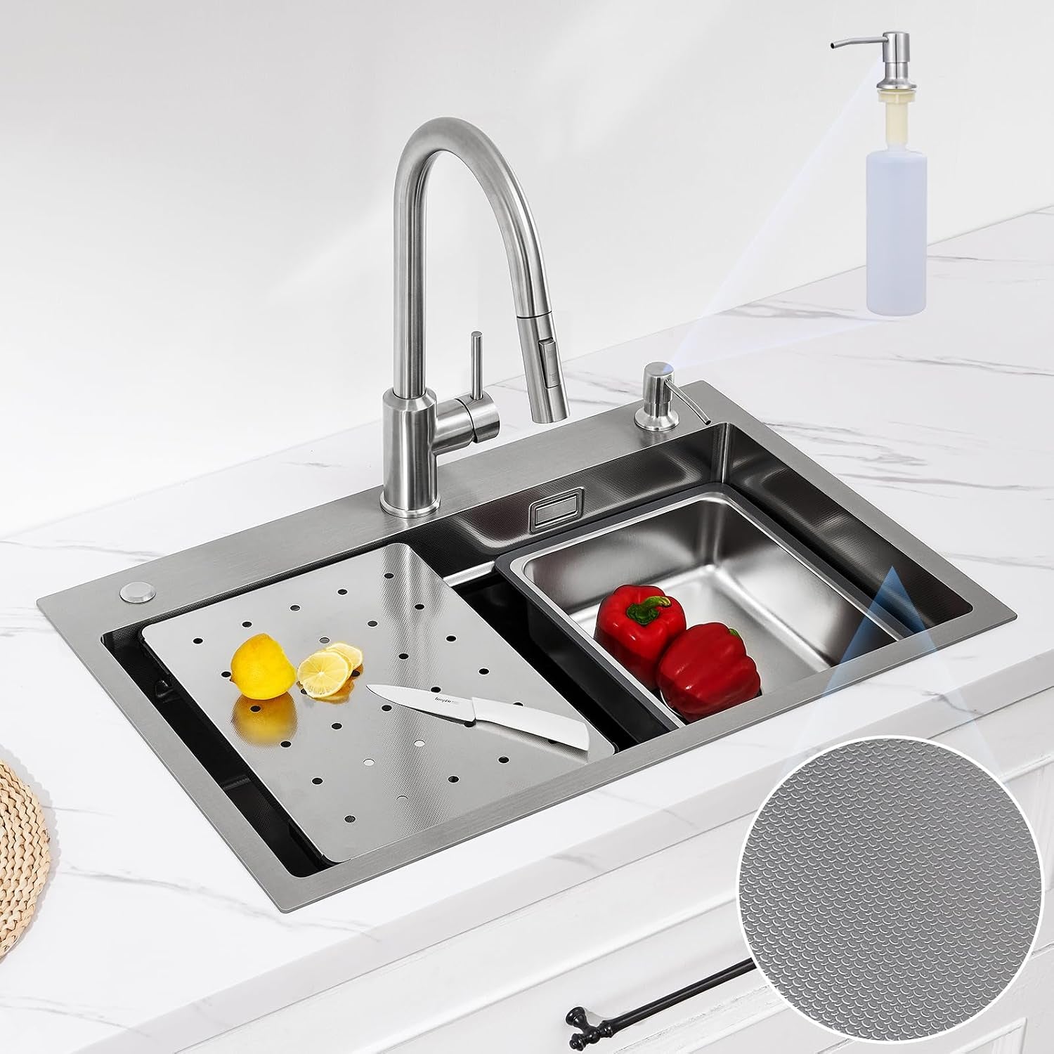 Évier Cuisine Multifonction 70X45 CM, Pour Plan De Travail 80Cm+ | Polyvalent Pour Évier Avec Égouttoir/Planche Découper/Distributeur Savon, Résistant Usure/Corrosion, Facile Nettoyage, Inox