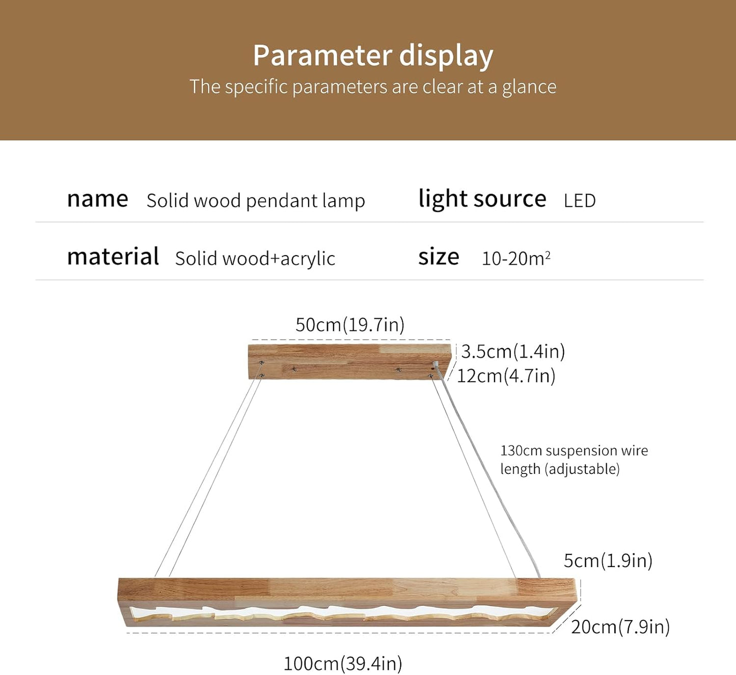 Suspension En Bois À Led, Lampe À Suspension Rustique En Bois À Intensité Variable Pour Table À Manger, Hauteur Réglable, 40W, 100 CM