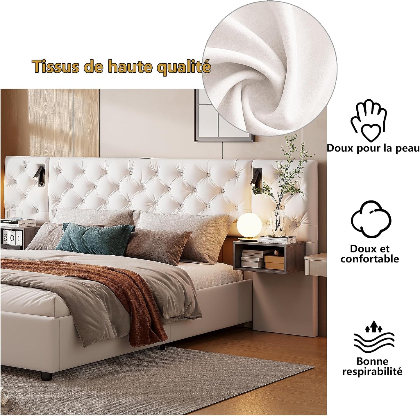 Lit Coffre 140X200 Cm Avec Sommier, Lit Complet En Velours Avec Tables De Chevet, Lit Double Avec Lampes De Lecture, Tête De Lit Avec USB Et USB-C, Pour Adultes (Blanc Cassé, 140 X 200 Cm)