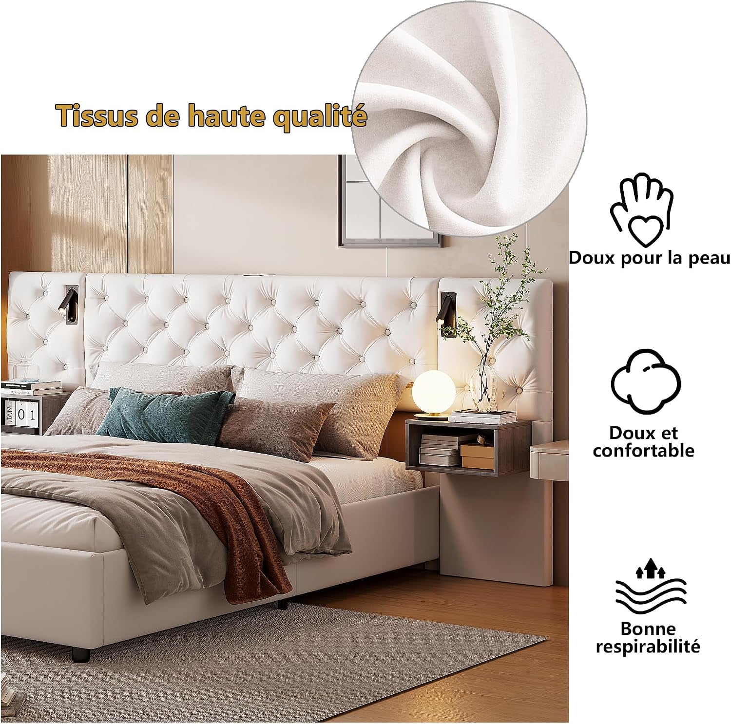 Lit Coffre 140X200 Cm Avec Sommier, Lit Complet En Velours Avec Tables De Chevet, Lit Double Avec Lampes De Lecture, Tête De Lit Avec USB Et USB-C, Pour Adultes (Blanc Cassé, 140 X 200 Cm)