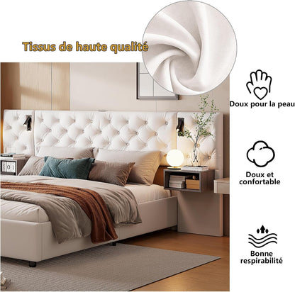 Lit Coffre 140X200 Cm Avec Sommier, Lit Complet En Velours Avec Tables De Chevet, Lit Double Avec Lampes De Lecture, Tête De Lit Avec USB Et USB-C, Pour Adultes (Blanc Cassé, 140 X 200 Cm)