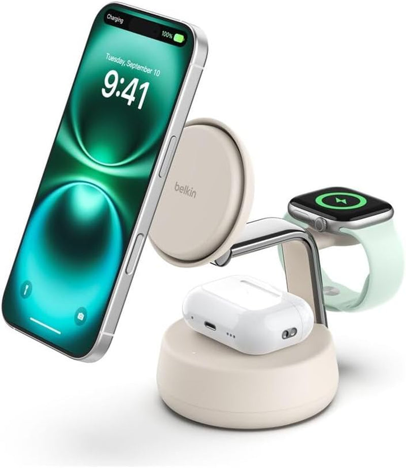 Belkin Ultracharge Pro Station Sans Fil 3-En-1 25 W, Qi2.2 - Beige | Qi2, Chargeur Magnétique Magsafe, Refroidissement, Câble Et Adaptateur Secteur 45 W, Recharge De Trois Appareils