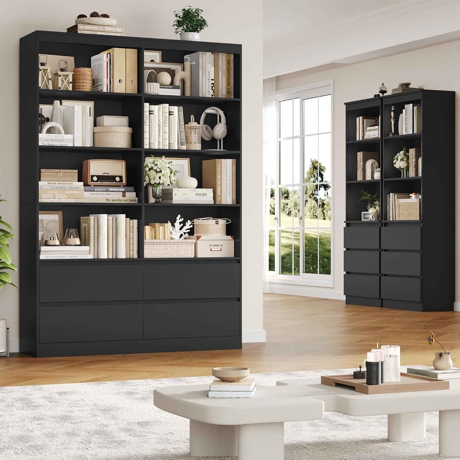 Bibliotheque 120Cm Meuble De Rangement 4 Tiroirs 9 Étagères Noire | 120X30X180 Cm, Base Surélevée, Poignées Encastrées, Grande Bibliothèque Etagere Rangement, Pour Salon Bureau Chambre