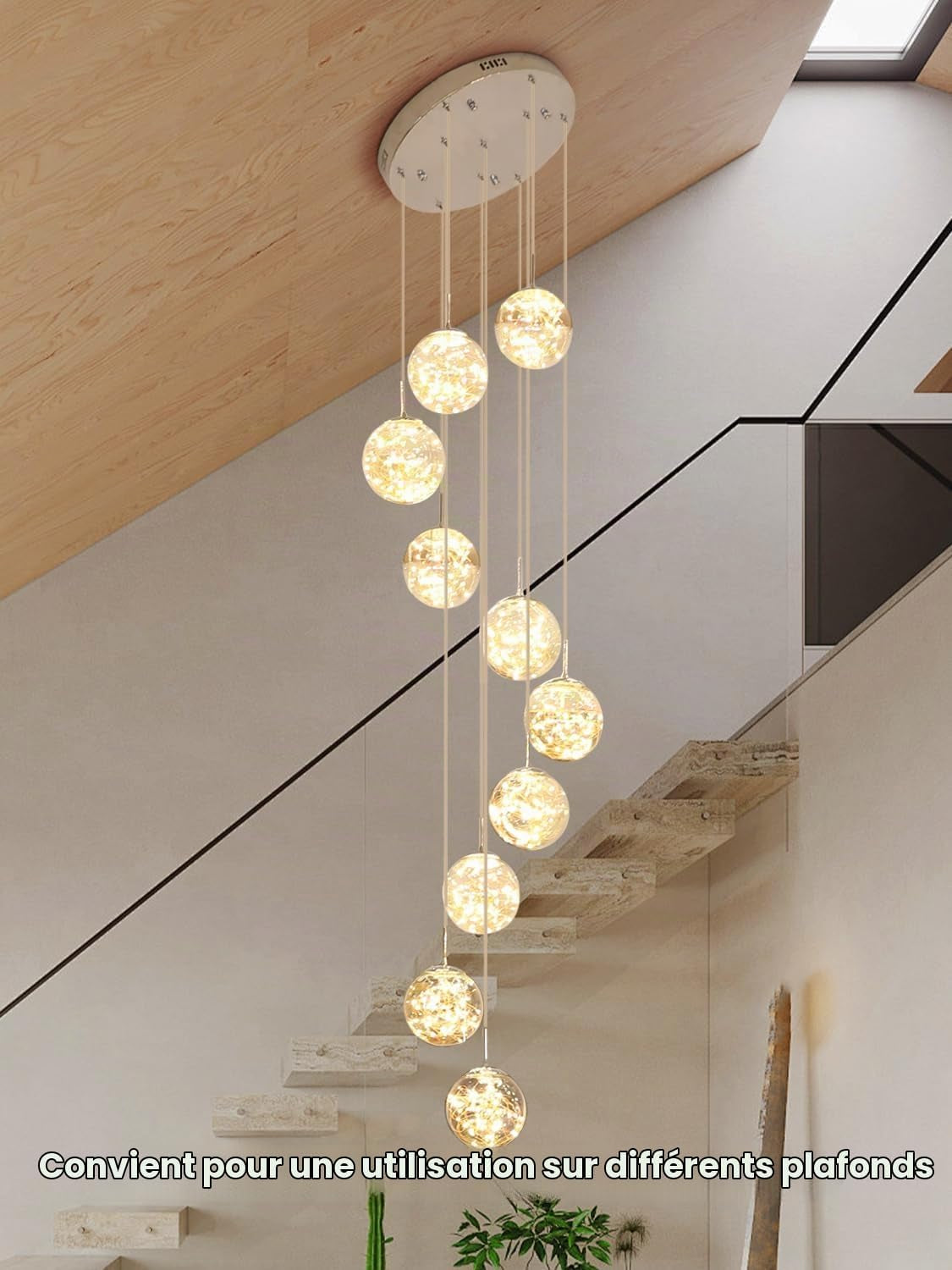 200CM Lustre Lampe Boule De Verre 10 LED, Pendentif Lumière LED D'Escalier, 50W Suspensions Long Étoilé Pendant Light, Plafonniers Modernes Pour Villas, Escaliers Et Salons