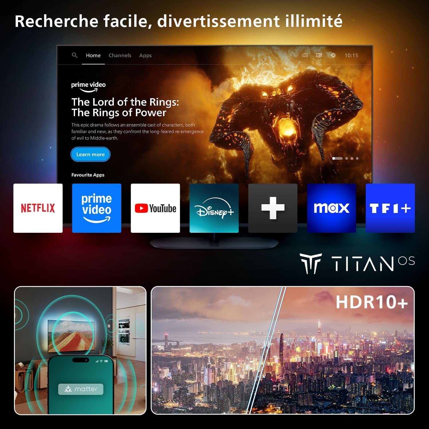 Philips Ambilight 55PUS8000 4K LED Smart TV - Écran 50 Pouces Avec Plateforme Pixel Precise Ultra HD, Titan OS Et Son Dolby Atmos, Compatible Alexa Et Assistant Vocal Google