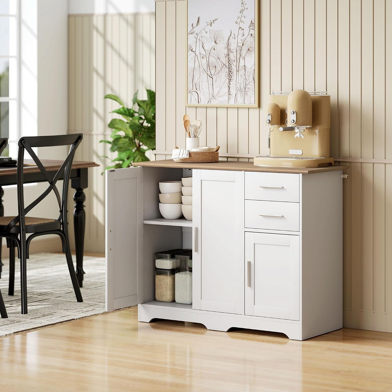 Buffet Salon 2 Tiroirs 3 Portes 100 X 40 X 78 Cm Blanc Bois Naturel | Meuble De Rangement, Étagère Réglable, Style Contemporain, Buffet Salle À Manger Et Cuisine