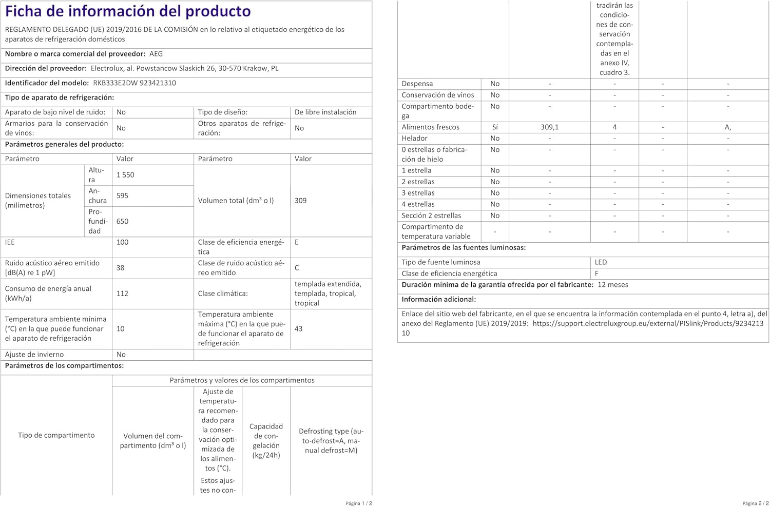 RKB333E2DW Réfrigérateur Pose Libre / 1550 Mm / 309 L/E