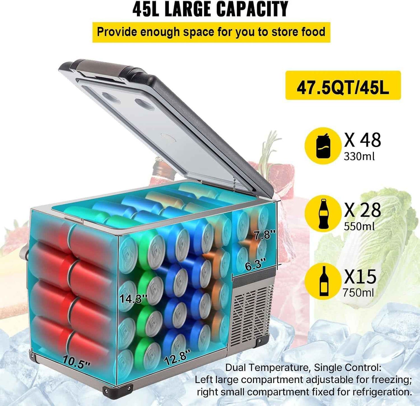 Glacière Électrique Voiture, 45 L, Réfrigérateur Portable À Compression, 60 W, Mini Frigo, 69,3X34,5X45,6 Cm, Glacière Électrique, Mini Congélateur Compresseur Pour Maison/Voiture/Camping