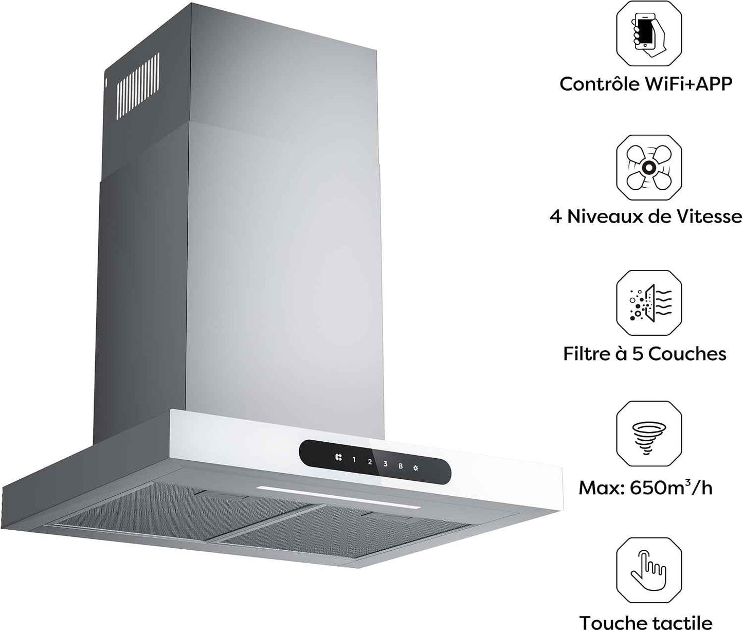 Hotte Décorative Class A+++ 60Cm 650M³/H Tactile Et Wifi Connectée 4 Vitesses&Fonction Boost Avec Filtre Charbon Affichage Numérique Recyclage Ou Evacuation Blanche CBCW6102