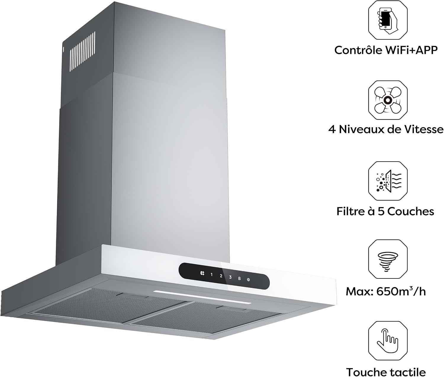 Hotte Décorative Class A+++ 60Cm 650M³/H Tactile Et Wifi Connectée 4 Vitesses&Fonction Boost Avec Filtre Charbon Affichage Numérique Recyclage Ou Evacuation Blanche CBCW6102