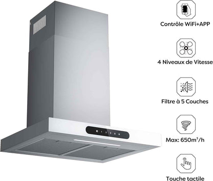 Hotte Décorative Class A+++ 60Cm 650M³/H Tactile Et Wifi Connectée 4 Vitesses&Fonction Boost Avec Filtre Charbon Affichage Numérique Recyclage Ou Evacuation Blanche CBCW6102