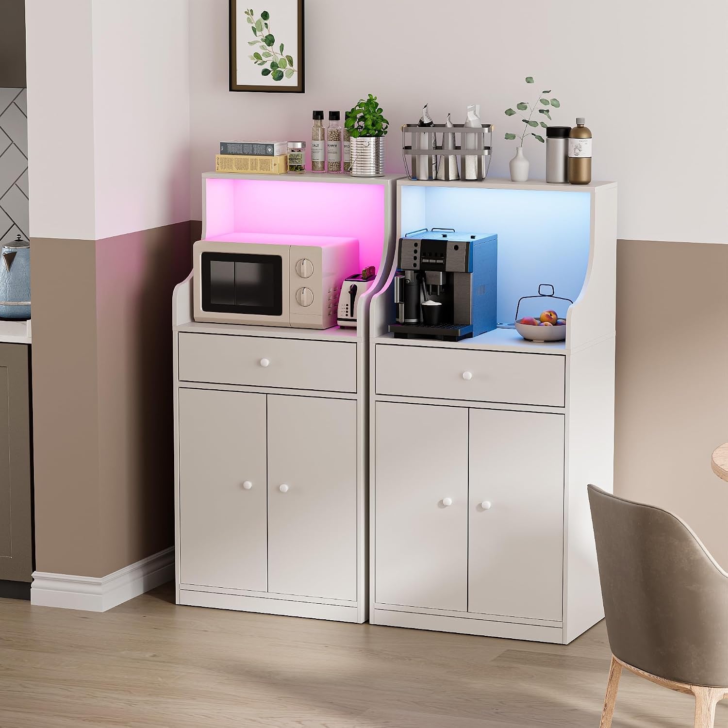 Meuble Micro-Ondes Buffet Avec Prise Armoire De Cuisine Avec 1 Tiroir 1 Grand Casier Et Bandeau Lumineux LED Meuble Buffet 60X40X123Cm Pour Salle À Manger, Cuisine, Salon Blanc