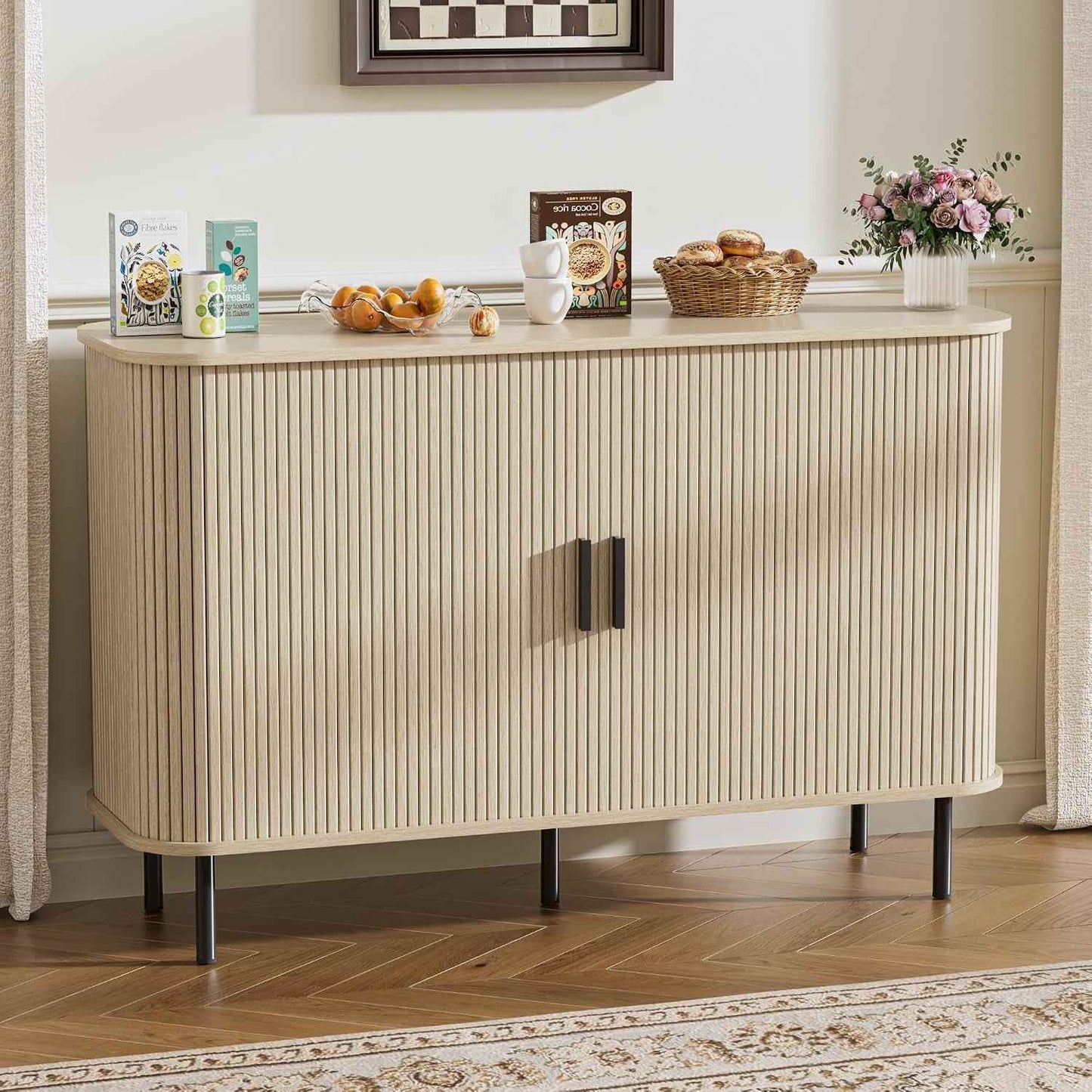 Buffet, Armoire De Cuisine Avec 2 Portes Coulissantes, Étagères Réglables, Meuble De Rangement, Bar À Café, Meuble D'Appoint Pour Cuisine, Salle À Manger, Salon,Beige