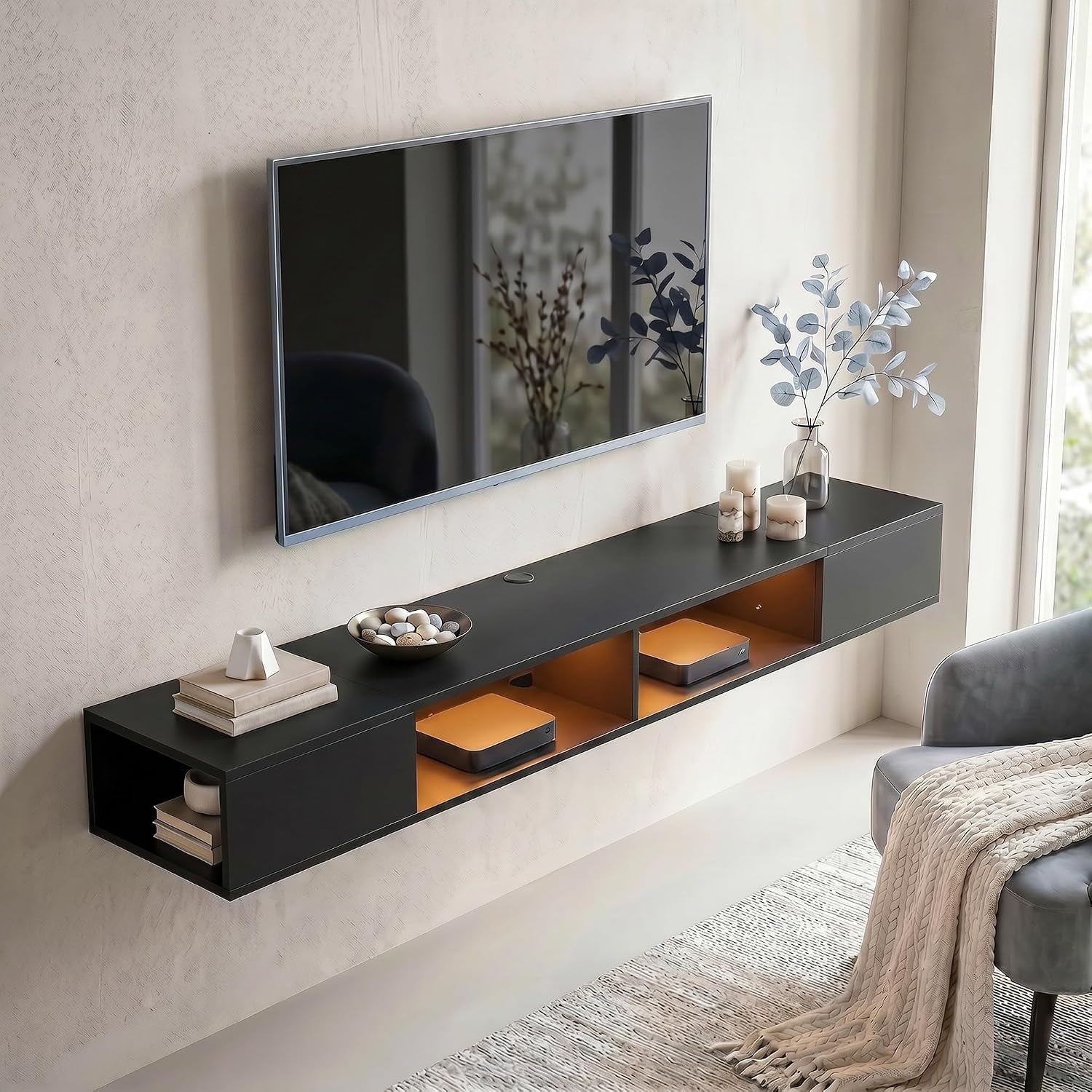 Meuble TV Suspendu 180 Cm Avec LED RGB Pour TV 75 Pouces Noir | Meuble Télé, Étagères Ouvertes, Banc TV Mural Pour Salon