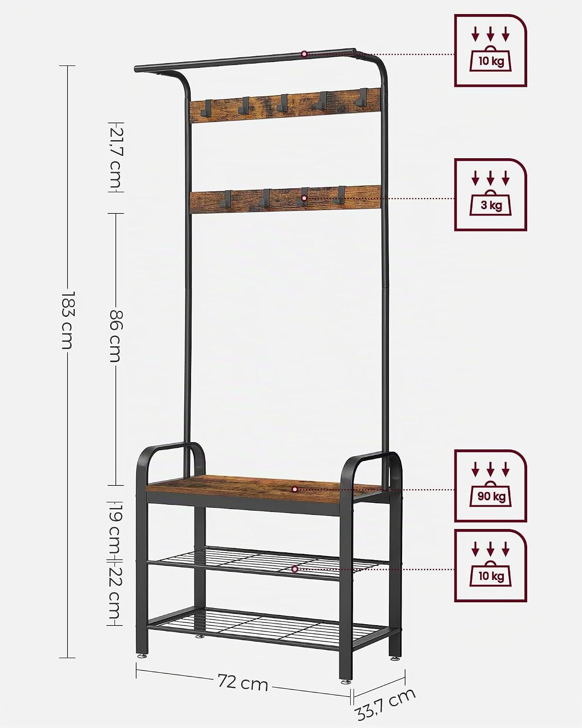 Porte-Manteau Avec Étagère À Chaussures, 4-En-1, Vestiaire | Meuble D'Entrée Avec Banc, Marron Rustique Et Noir, Amovibles, Vestiaire, Style Industriel, Dacey Collection HSR40B