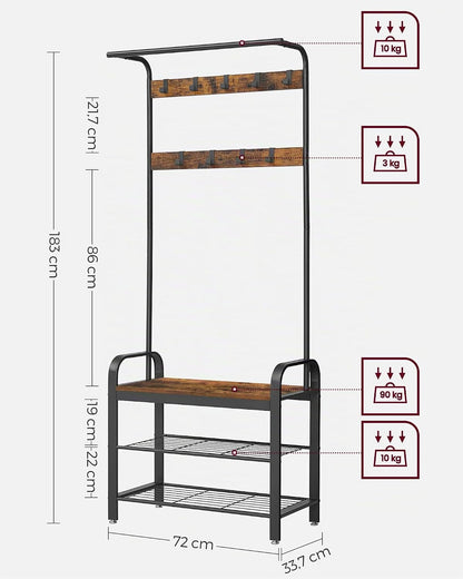 Porte-Manteau Avec Étagère À Chaussures, 4-En-1, Vestiaire | Meuble D'Entrée Avec Banc, Marron Rustique Et Noir, Amovibles, Vestiaire, Style Industriel, Dacey Collection HSR40B