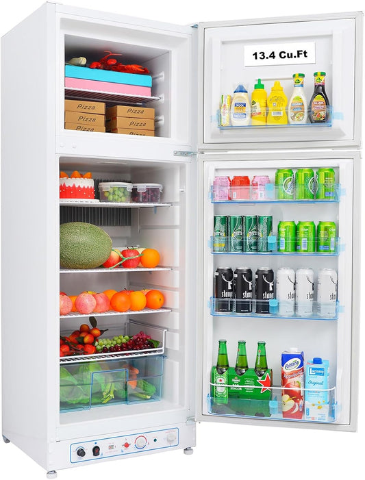 Frigo Gaz Avec Congélateur, 265L, Réfrigérateur Congélateur Gaz/220V, Frigo Congélateur Combiné, Frigo Camping Gaz Pour Camping-Car, Garage, Caravane, Mobile-Home, Blanc