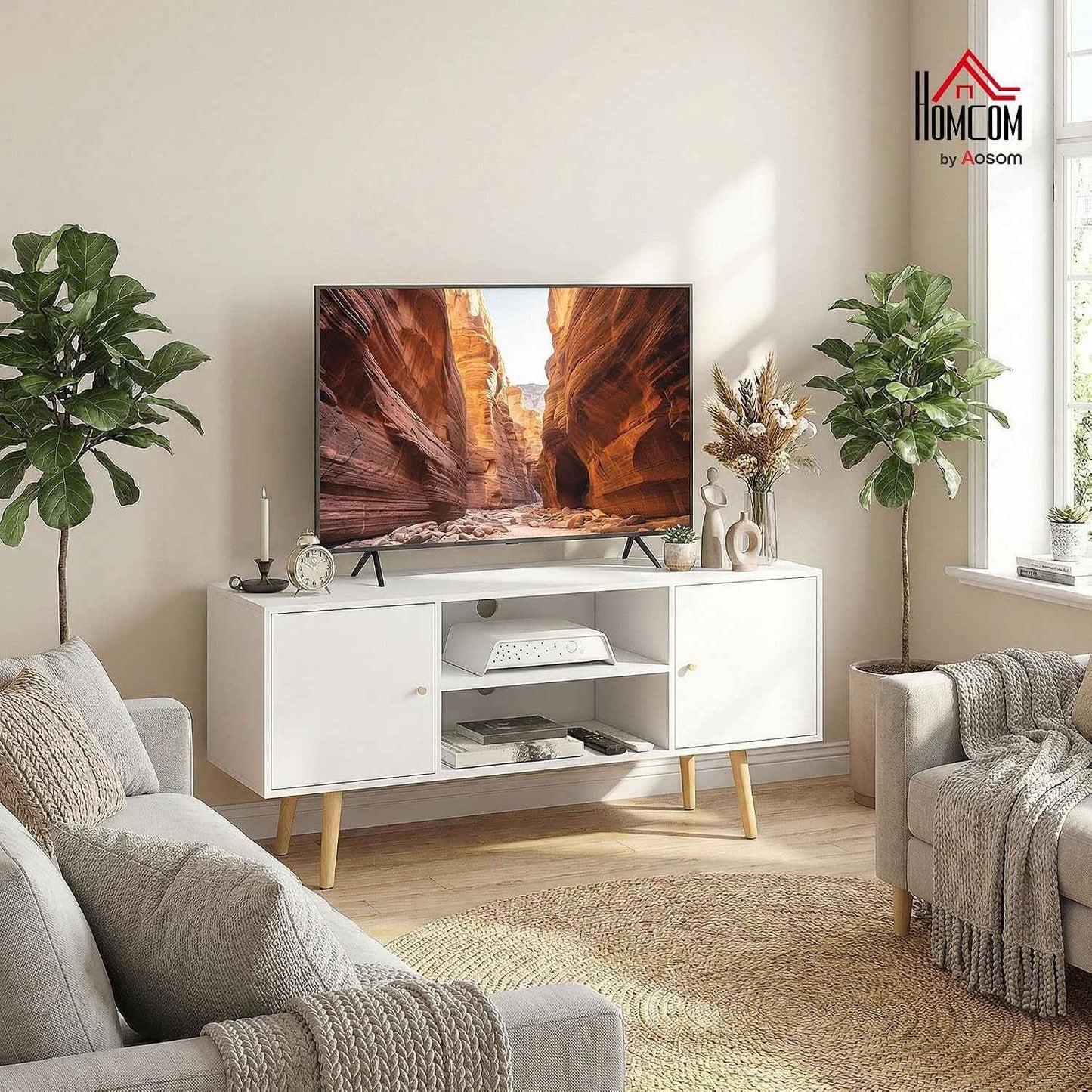 Meuble TV 120 Cm Pour Téléviseur Jusqu'À 55 Pouces Blanc | Meuble Télé, 2 Placards, 2 Étagères Ouvertes, Banc TV Moderne, Salon, Chambre À Coucher