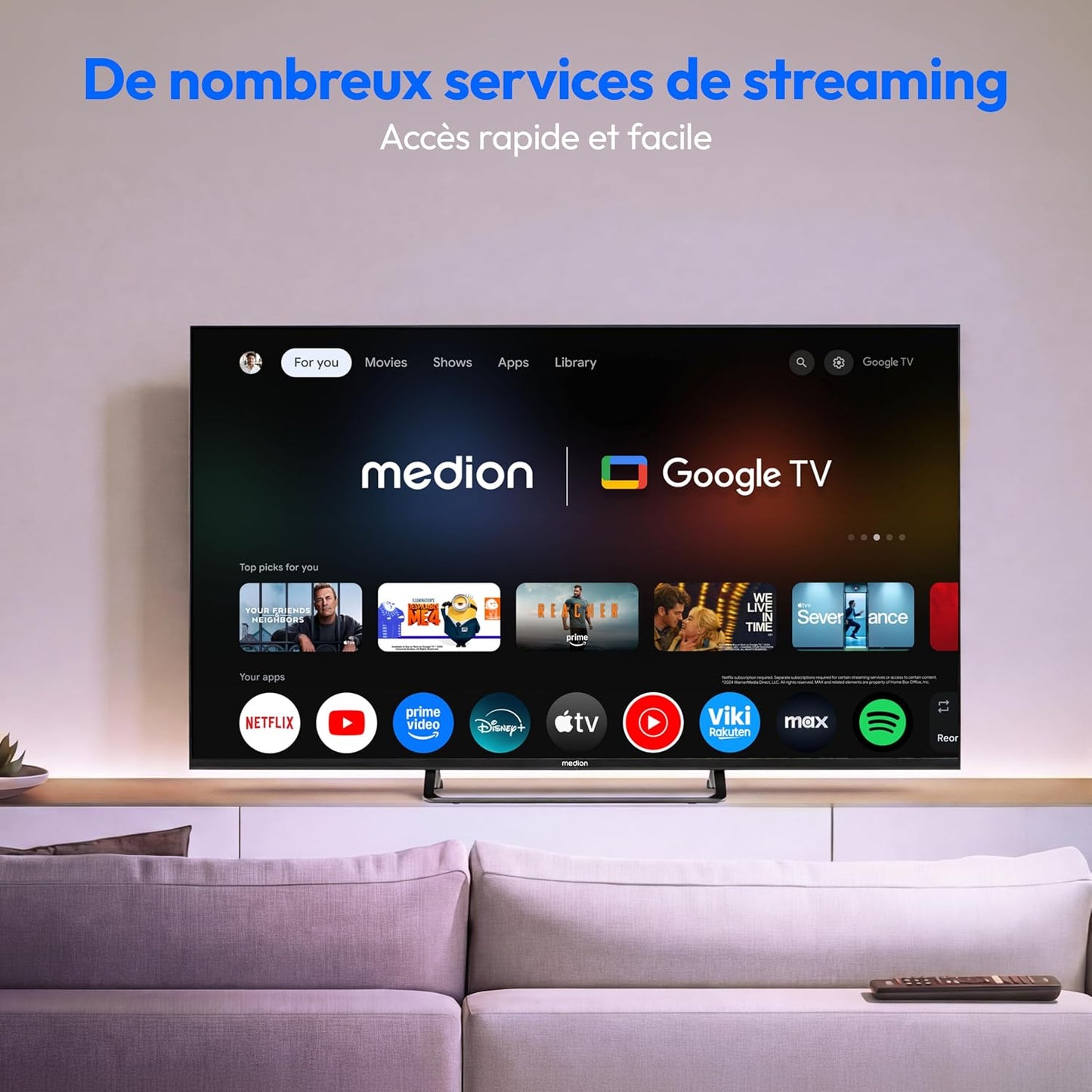 125.7 Cm 50" Téléviseur QLED Smart TV 4K Dolby Vision HDR Prime Video Disney+ Compatible Google TV PVR Bluetooth, MD850701