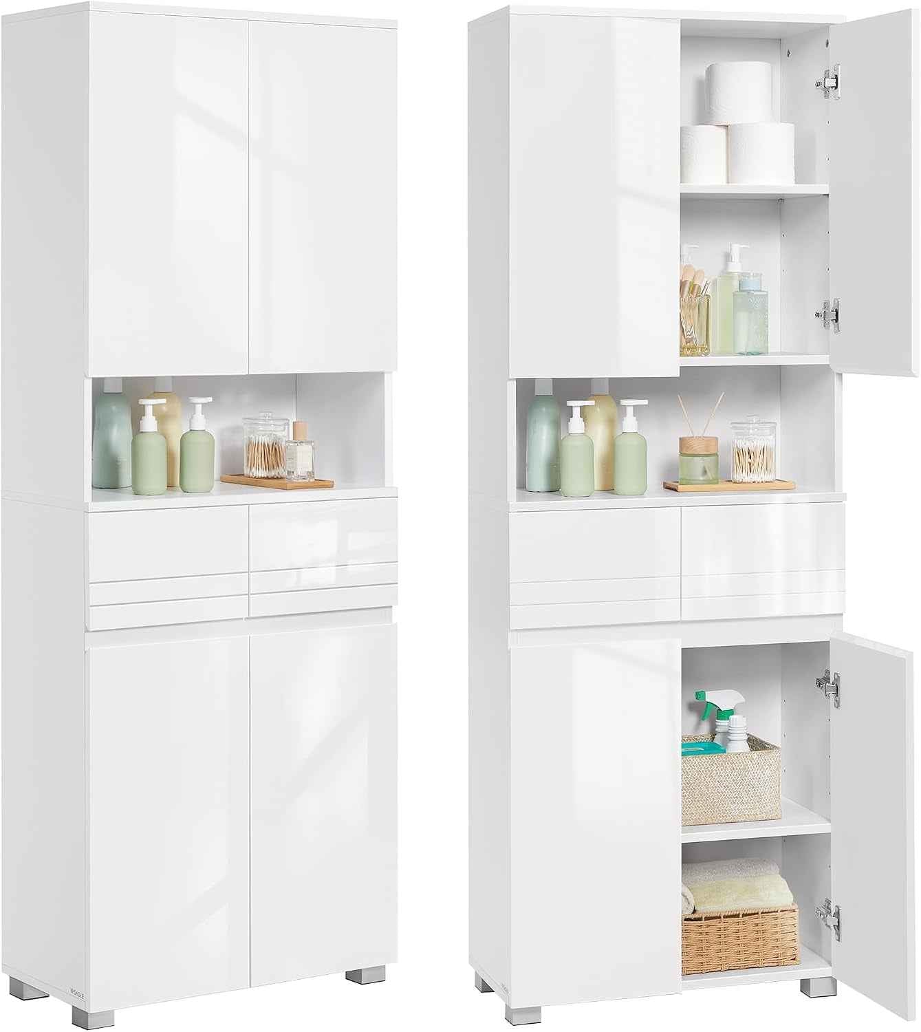 Armoire De Salle De Bain, Meuble De Rangement, Colonne, Avec 2 Tiroirs, Étagères Réglables, Compartiments, 30 X 60 X 170 Cm, Blanc Nuage BBC563W01
