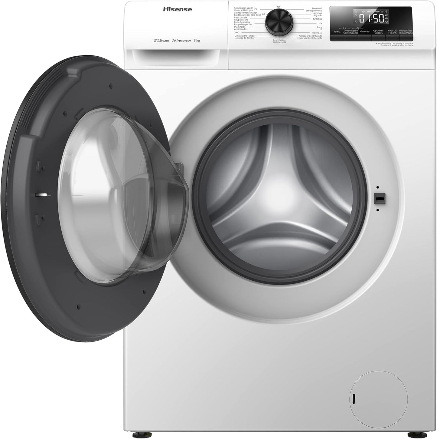 Hisense WFQP7012EVM - Machine À Laver À Vapeur Efficace, Moteur Inverter, Charge Frontale 7 Kg, 1200 Tr/Min, 15 Programmes, Contrôle De Balancement Intelligent Du Tambour, Affichage LED, Programme