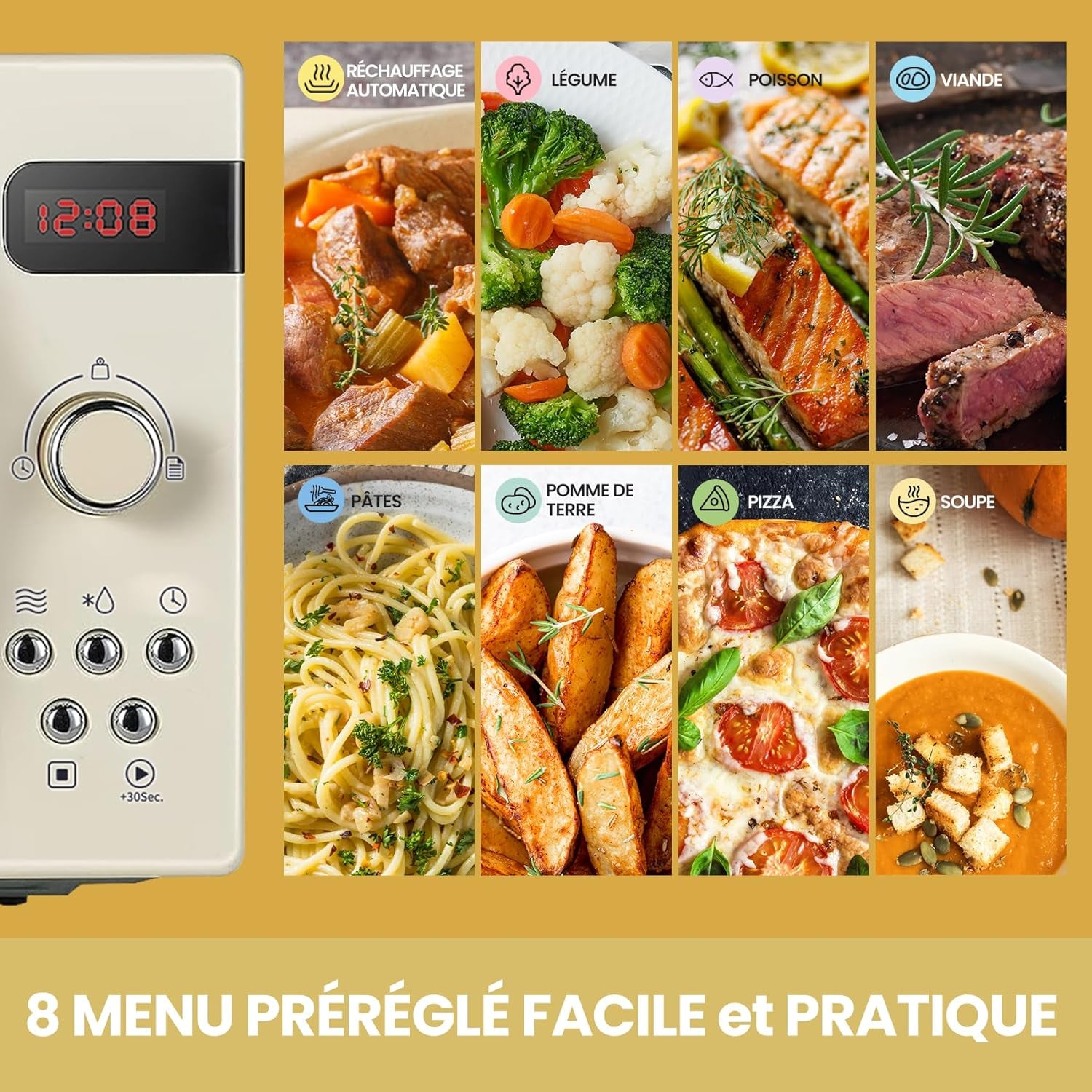 ' Micro-Ondes Rétro CMSRO 20Di Cr Avec 8 Renus Rutomatiques, 5 Niveaux De Puissance De Cuisson, Bouton De Cuisson Express, 20 L, 800 W, Crème D'Abricot