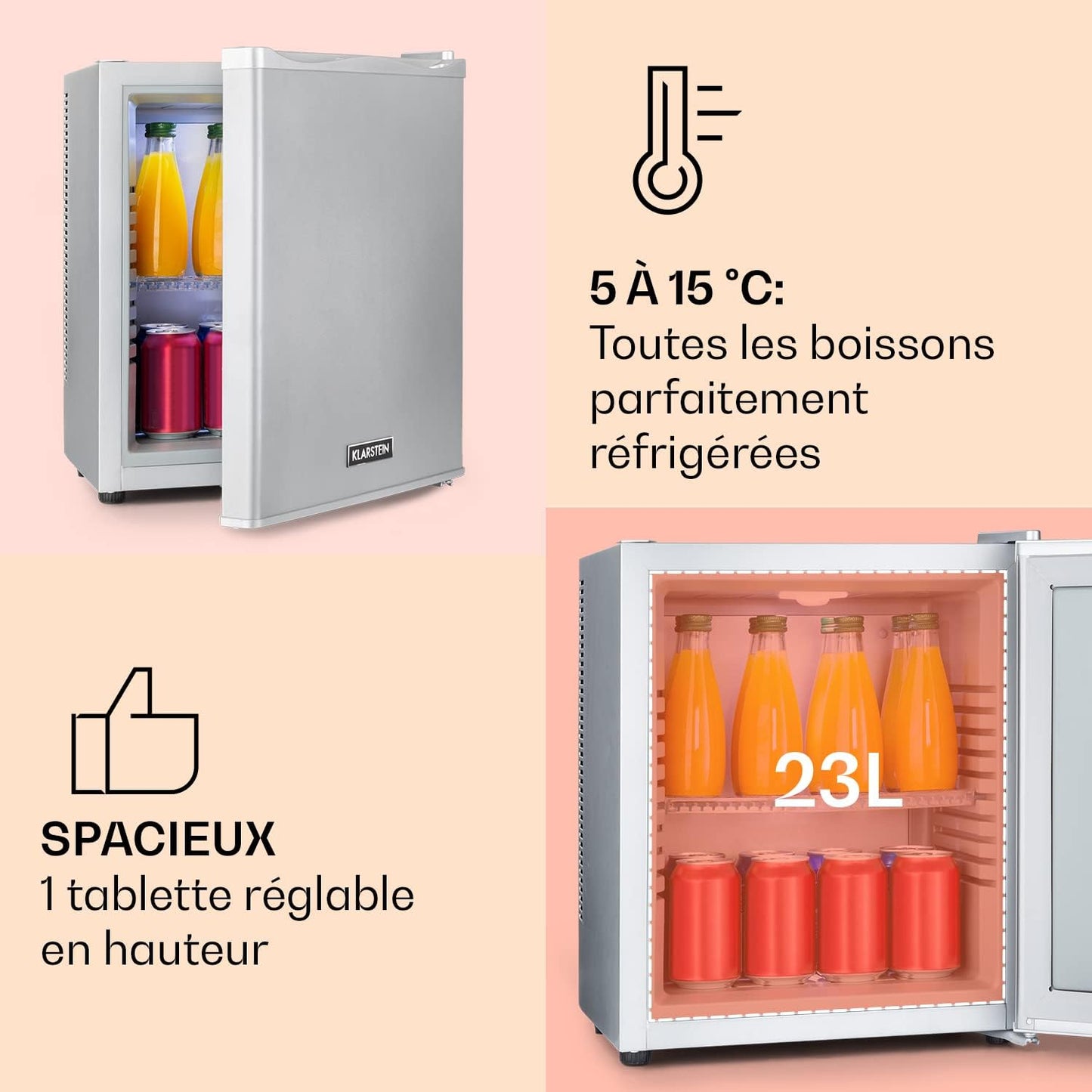 Petit Frigo De Chambre De 23L Pour Snacks Et Boissons, Frigo Top Silencieux, Mini Bar, Réfrigérateur Camping, Frigo Cosmetique, Refrigerateur Avec Étagères Réglables, 5-15°C