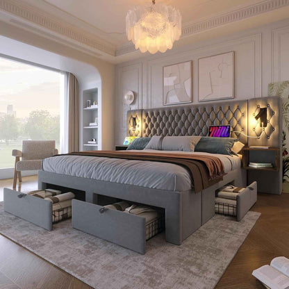 Lit 180X200 Avec Sommier LED Et USB Et 2 Tables De Chevet, Lit Coffre 180X200 Avec 4 Tiroirs Et Tete, Lit Double Avec À Lattes 2 Personnes, Lit Rembourré Cadre De Velours (Sans Matelas)