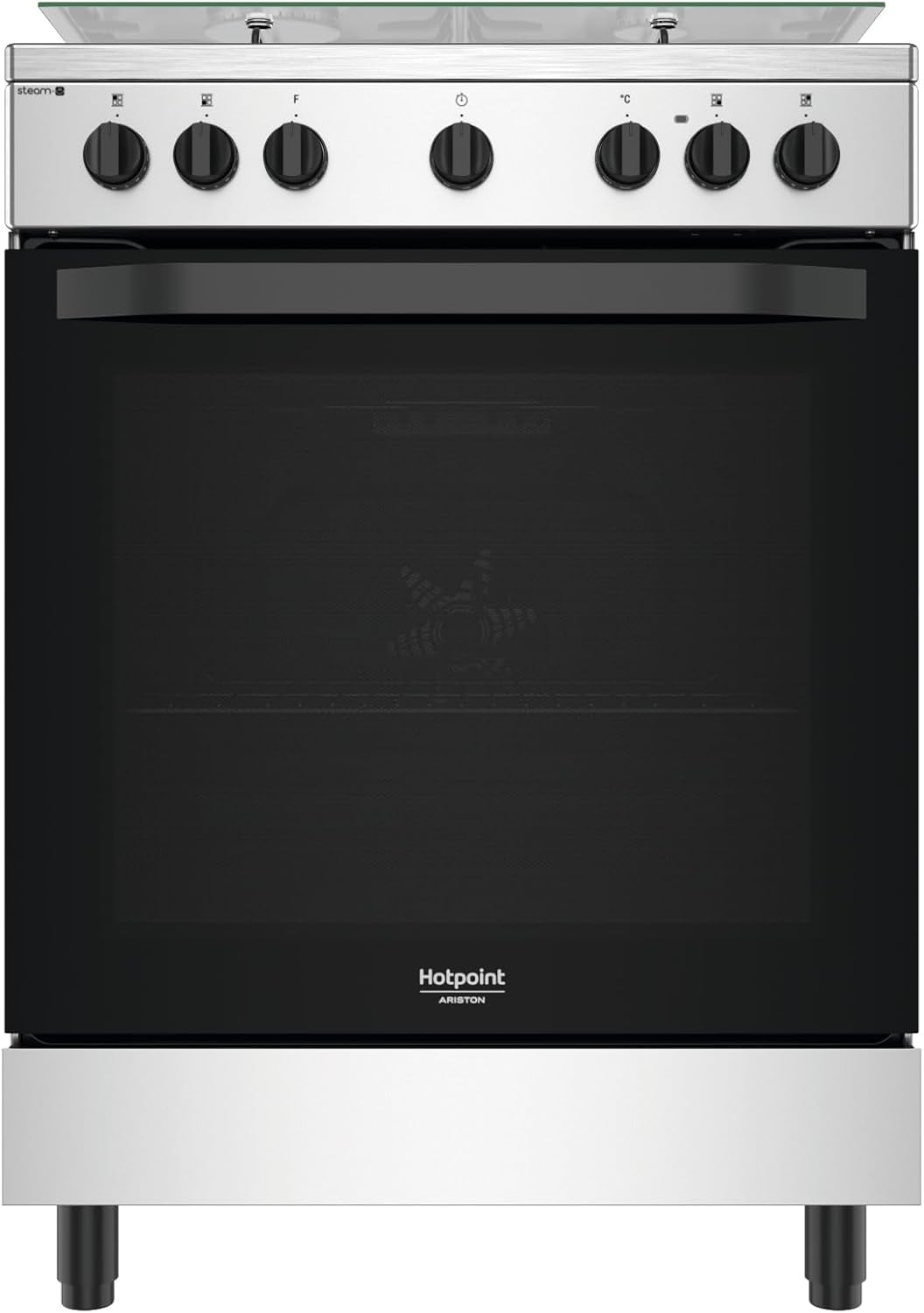 Hot Point Cuisine À Gaz Avec Four Électrique 60 X 60 X 84 Cm Inox À Installation Libre Avec 4 Feux, Four Ventilé Et Cuisson À La Vapeur Classe A