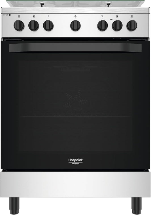 Hot Point Cuisine À Gaz Avec Four Électrique 60 X 60 X 84 Cm Inox À Installation Libre Avec 4 Feux, Four Ventilé Et Cuisson À La Vapeur Classe A