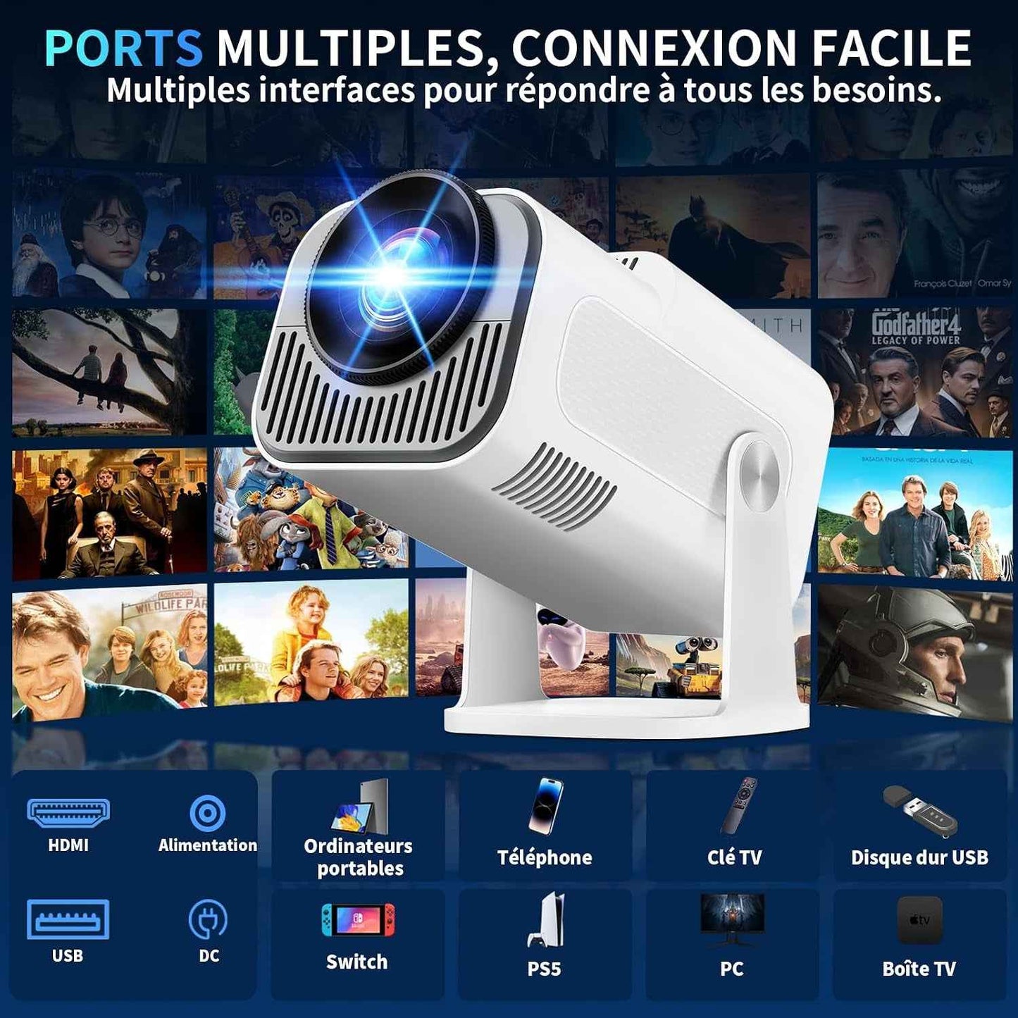 [App Intégrée] Vidéoprojecteur 4K 1080P 2026 Upgraded Mini Projecteur Avec Wifi 6 Et Bluetooth 5.2 Projecteur Trapézoïdale Automatique, 270° Rotationsupporte Hdmi/Tvstick/Memory Stick/Laptop, Blanc
