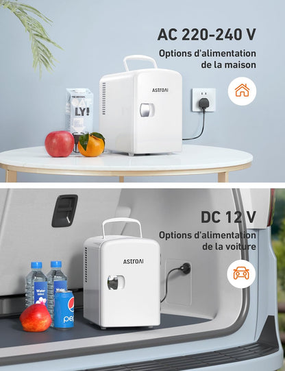 Mini Frigo De Chambre, 4 Litres / 6 Canettes 330Ml, 12V/220V, Petit Frigo Cosmetique, Mini Réfrigérateur Voiture Portable, Glacière Électrique, Fonction Chaud/Froid (Blanc)