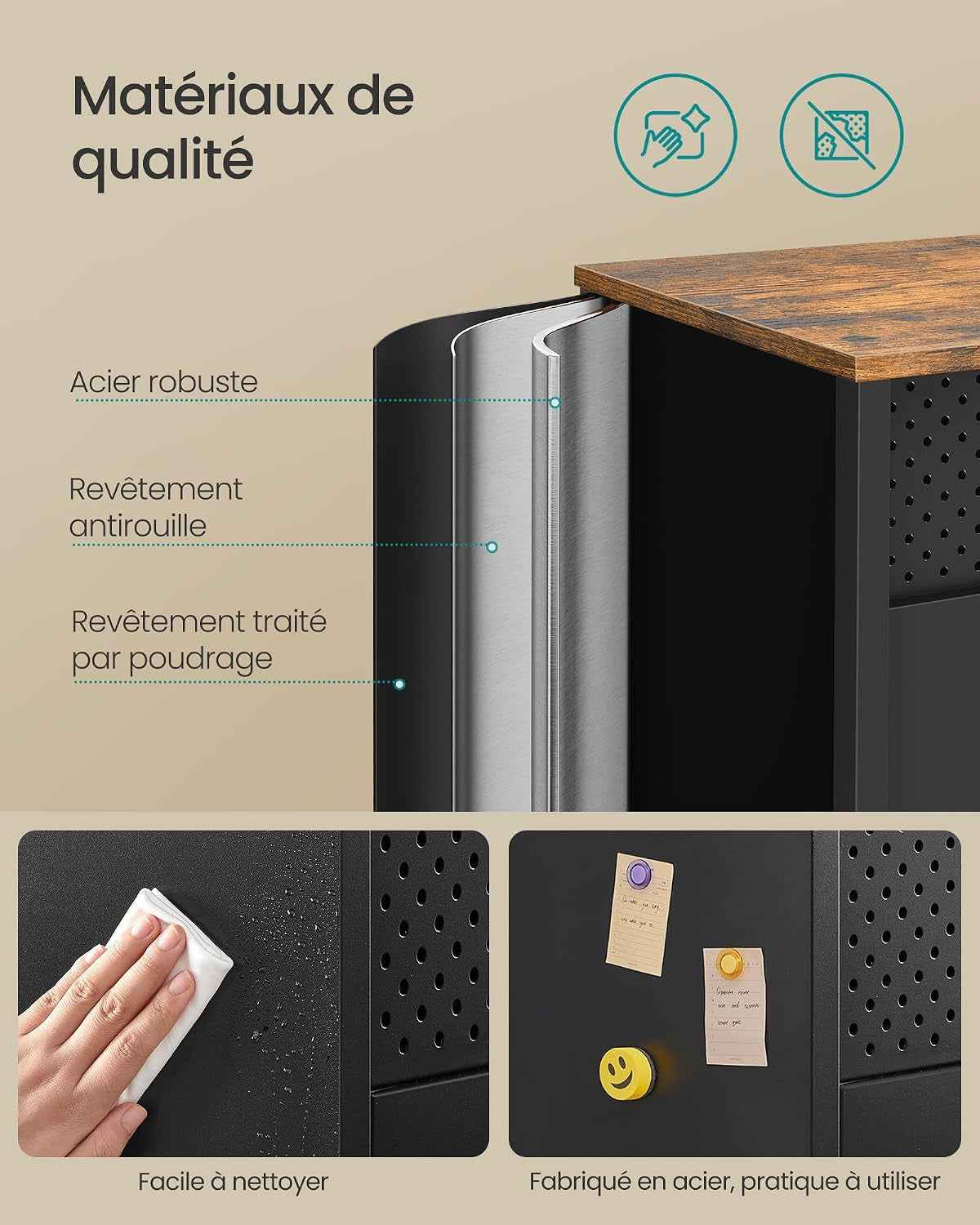 Meuble De Rangement, Buffet, Meuble En Métal, Placard À Double Portes, Fermeture Magnétique, Étagères Réglables, Cadre En Acier, Marron Rustique Et Noir Mat LSC204B01