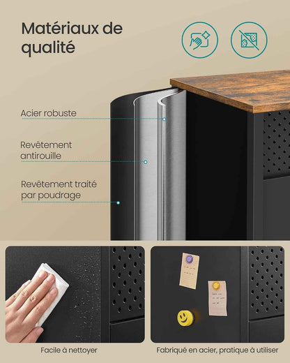 Meuble De Rangement, Buffet, Meuble En Métal, Placard À Double Portes, Fermeture Magnétique, Étagères Réglables, Cadre En Acier, Marron Rustique Et Noir Mat LSC204B01